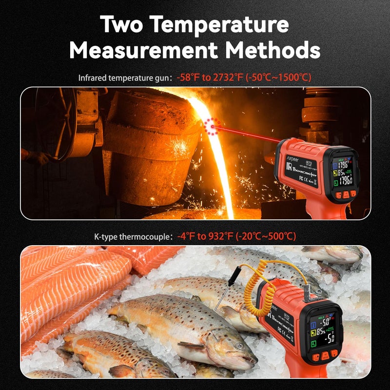 SURPEER -58°F to 2732°F Infrared Thermometer IR Laser Gun 50:1, Digital Temperature Gun/K-Type Probe -4°F~932°F, Humidity Sensor, High-Temp Pyrometer for Kiln, Forge, Furnace, Industrial Use - Image 4